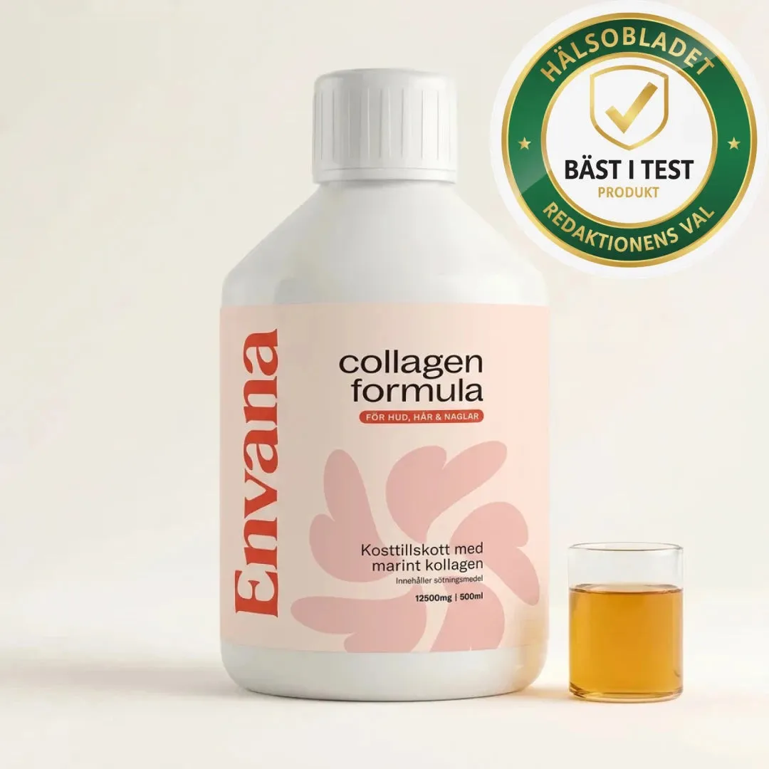 Testvinnaren Envana Collagen Formula med ett shotglas kollagen och utmärkelsen bäst i test 2026